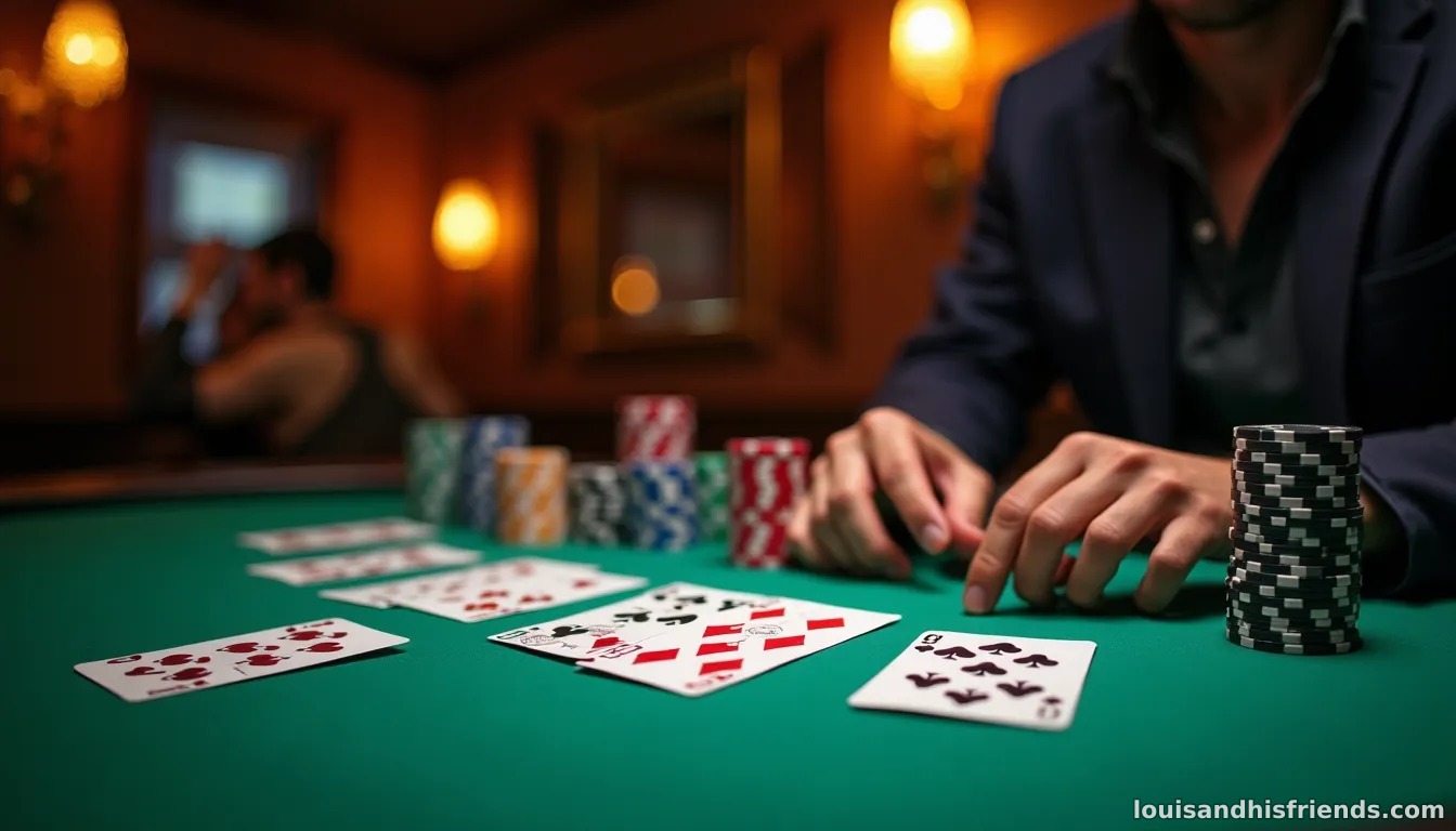 Un joueur de poker assis à une table, tenant ses cartes, premier à parler, avec une bulle de pensée montrant une icône de check et une icône de fold.