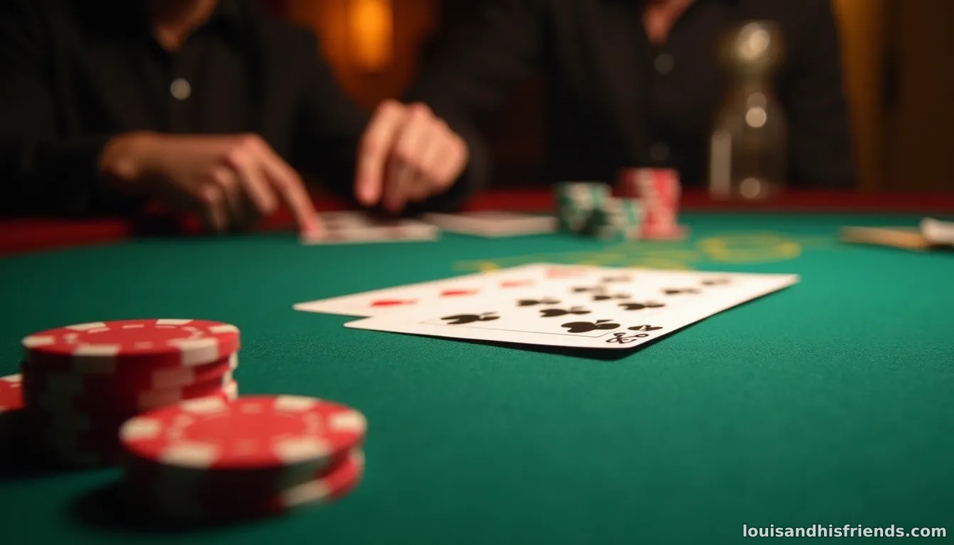 ポーカーテーブルに2人のプレイヤーとコミュニティカードが表示され、継続攻めのシナリオを示しているフェルトマット上のイラスト
